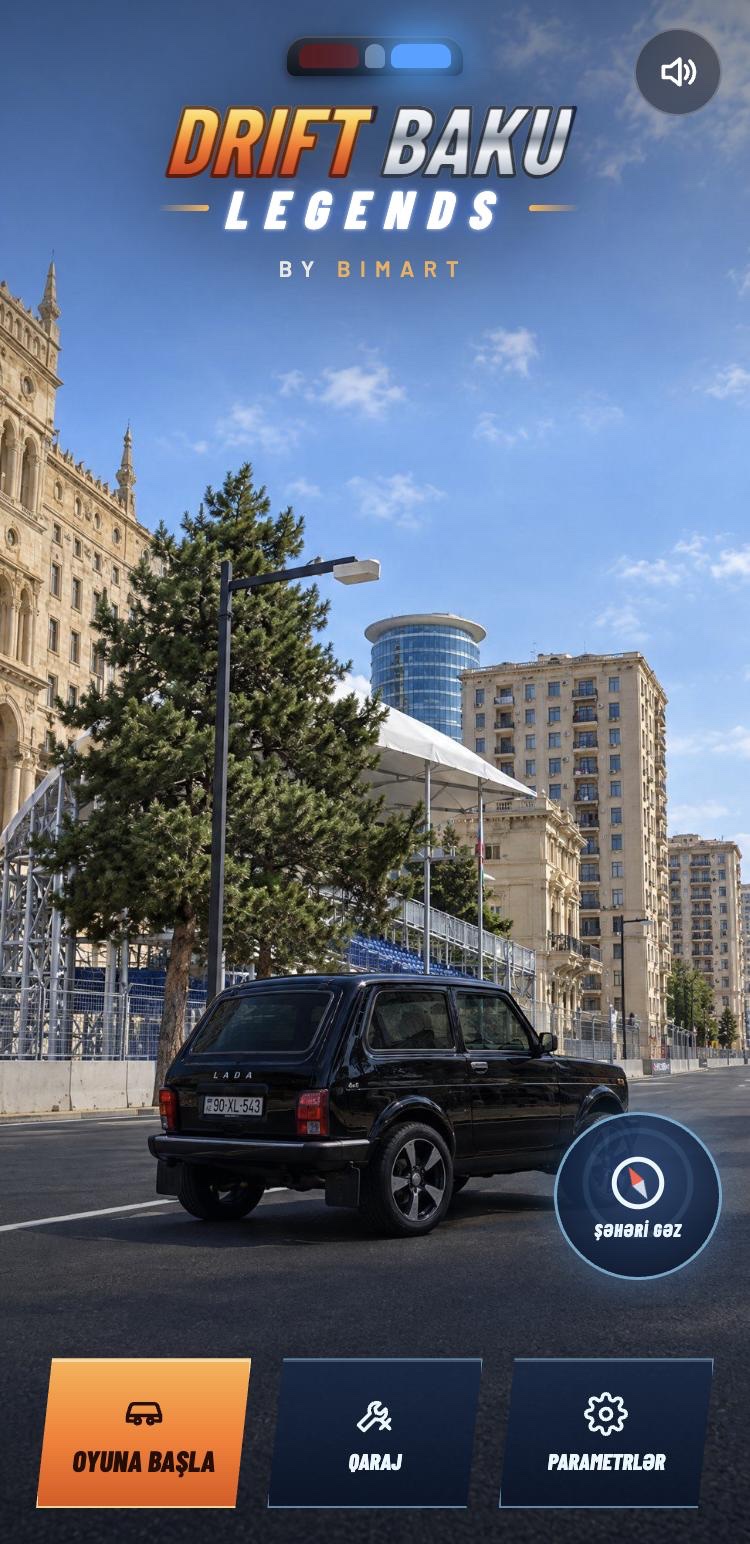 Drift Baku Legends ana menüsü: Bakü şehir pistinde siyah Lada Niva