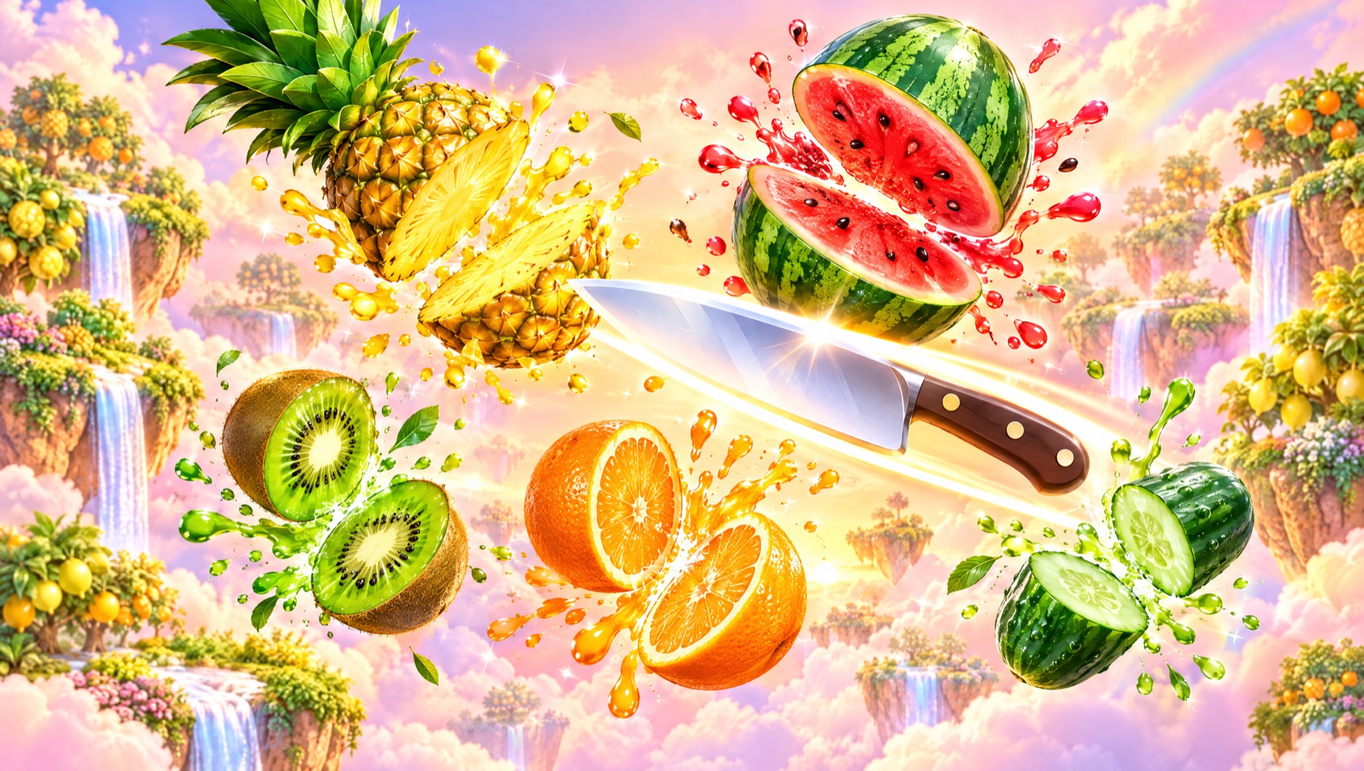 Havada bıçakla ikiye bölünen karpuz, ananas, kivi ve portakal