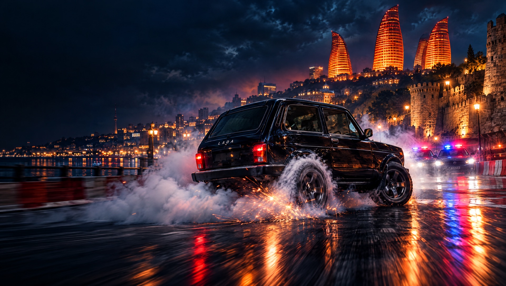 Bakü'de gece, Alev Kuleleri önünde drift atan siyah Lada Niva